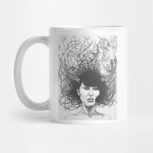 Fantasy drawing of woman woven in branches and horns Mug